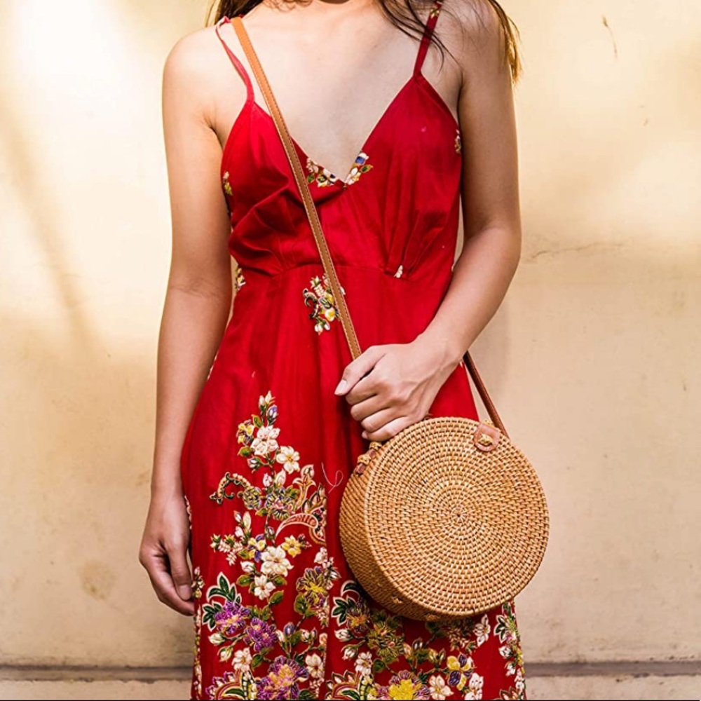 Handwoven Round Rattan Bag Shoulder Leather Straps